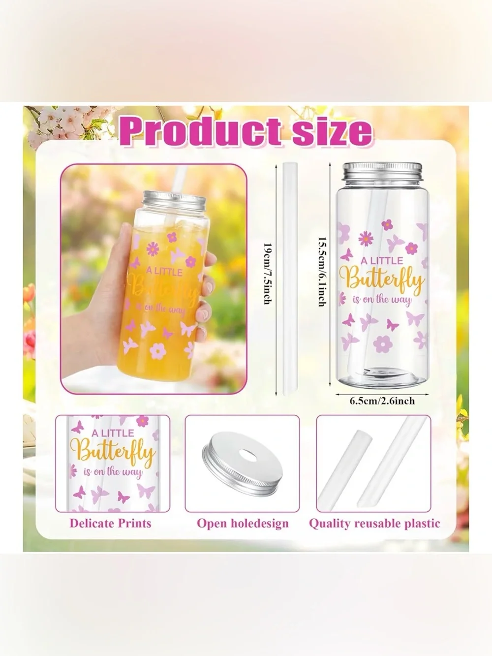 Girls baby shower favors Floral Butterfly plastic cups with lids & straws 23 NWT